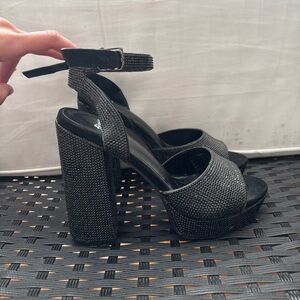 Embellished Black Platform Block Heel Sandals with Ankle Strap